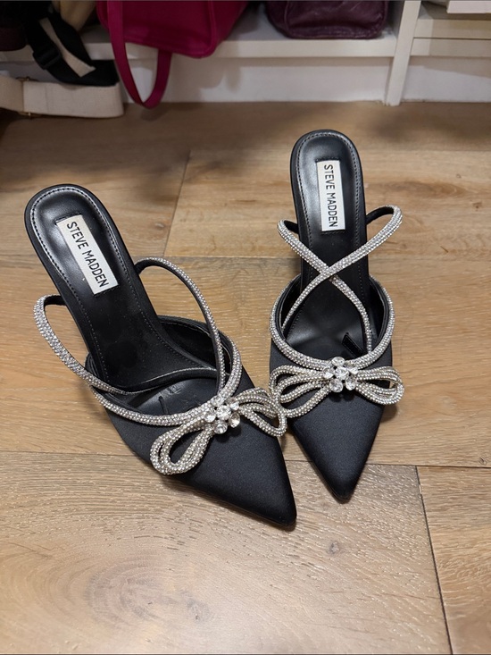 Steve Madden Shoes - Steve Madden Black Satin Mules with Crystal Bow Detail